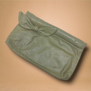 Vintage 1980's Olive Leather Clutch Bag Purse Leather Bow New Wave Punk Retro